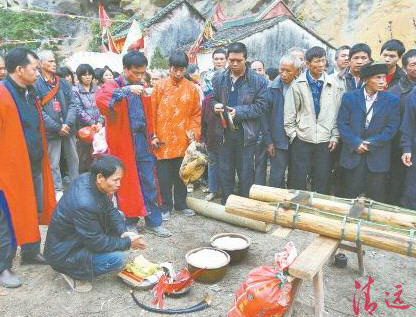 豎起刀桿之前,用活雞鴨來(lái)祭祀祈求平安。